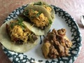 Yummy Homemade Tacos Carne Asada and Refried Beans Meal