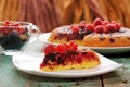 Yummy homemade upside down raspberry cake served with fresh currant