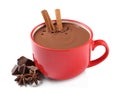Yummy hot chocolate with cinnamon in red cup on white background Royalty Free Stock Photo