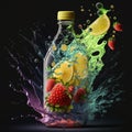 Yummy lemonade bottle with splashes, fruit lemonade with strawberry and lemon