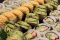 Rows of a variety of soshi rolls