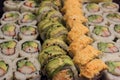 Rows of a variety of soshi rolls