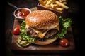 A yummy Luxury burger with french fries made from high - quality products by the most famous chef in the world, Generative AI