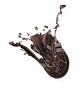 Yummy melted chocolate and falling pieces on background