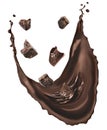 Yummy melted chocolate splash with falling chunks on background