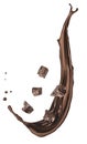 Yummy melted chocolate splash with falling chunks on background