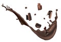 Yummy melted chocolate splash with falling curls on background Royalty Free Stock Photo