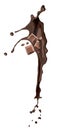 Yummy melted chocolate splash with falling pieces on background