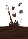 Yummy melted chocolate splashing with falling chunks on background