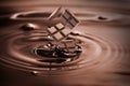 Melted chocolate splashing with falling pieces as background