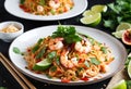 A yummy plate shrimp pad thai,but instead shrimp use diced nectarines