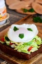 Yummy poached egg sandwich. Fast poached egg on rye bread slice with fresh vegetable mix and parsley. Healthy breakfast food Royalty Free Stock Photo