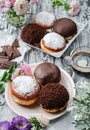 Yummy set of cake donuts with vanilla, chocolate icing, powdered sugar and chocolate chips on plate on grey background with Royalty Free Stock Photo