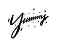 Yummy sign. Hand drawn lettering. Black ink. Vector illustration. Isolated on white background. Royalty Free Stock Photo