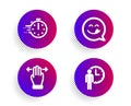 Yummy smile, Cooking timer and Multitasking gesture icons set. Waiting sign. Emoticon, Stopwatch, Swipe. Vector