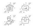Yummy smile, Edit person and Parking icons set. Package box sign. Emoticon, Change user info, Garage. Vector