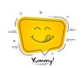 Yummy smile emoticon with tongue lick mouth. Tasty food eating emoji face. Delicious cartoon background. Vector Royalty Free Stock Photo