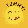 Yummy smile emoticon with tongue lick mouth. Tasty food eating emoji face. Delicious cartoon with saliva drops on yellow