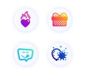 Yummy smile, Gift and Heart flame icons set. Balloon dart sign. Emoticon, Present, Love fire. Attraction park. Vector Royalty Free Stock Photo