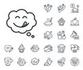 Yummy smile line icon. Emoticon with tongue sign. Comic speech bubble. Crepe, sweet popcorn and salad. Vector