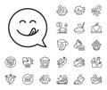 Yummy smile line icon. Emoticon with tongue sign. Speech bubble. Crepe, sweet popcorn and salad. Vector