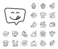 Yummy smile line icon. Emoticon with tongue sign. Speech bubble. Crepe, sweet popcorn and salad. Vector