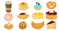 Yummy sweet dessert set, flat vector illustration. Pastry shop, confectionery and bakery.