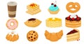Yummy sweet dessert set, flat vector illustration. Pastry shop, confectionery and bakery