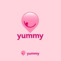 Yummy, sweets logo. Food point icon. Map marker with smile. Royalty Free Stock Photo