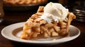 Yummy thick apple pie with vanilla ice cream on plate