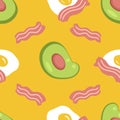 Yummy Trio seamless pattern with fried eggs, avocado and roasted bacon slices. Food background for any purposes. Hand drawn vector Royalty Free Stock Photo