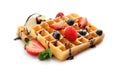 Yummy waffles with berries, ice cream and chocolate syrup on white Royalty Free Stock Photo