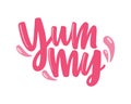 Yummy word handwritten with elegant pink cursive calligraphic font or script. Exclamation word or remark isolated on