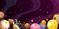 Yummy world. Colorful cartoon food planets on the space background.