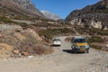 Yumthang Valley that view from high level to see the devious road line with cars in winter at Lachung. North Sikkim, India