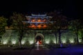 Yunnan, China, Dali. Northern Gates to Dali Old Town, night view.