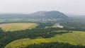Yuraktau view from mountain to fields, river, forest and Sheehan Royalty Free Stock Photo