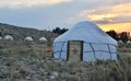 Yurt camp at Issyk-Kul `warm lake ` shore,landscape with beautiful traditional nomadic houses,Kyrgyzstan