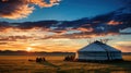 Yurt in the desert at sunset, AI