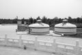 Yurt in genghis khan mausoleum, black and white image