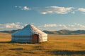 A yurt stands in a vast field, framed by majestic mountains in the background, A traditional yurt nestled in the vast Mongolian