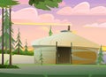 Yurt in tundra. Dwelling of northern nomadic peoples in Arctic. Taiga landscape. From felt and skins. illustration