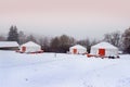 Yurts in the archaeological park `Argamach` in the winter early in the morning, Russia
