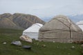 Yurts set up in a high mountain valley of Kyrgyzstan in early morning Royalty Free Stock Photo