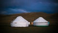 Yurts at the shore of Song Kol Lake at the dawn, Kyrgyzstan