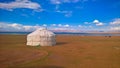 Yurts at the shore of Song Kol Lake at the dawn, Kyrgyzstan
