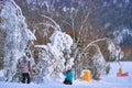 Yuzhno-Sakhalinsk, Russia - Jan 01, 2022: skiers in the slopes of the skiing resort Mountain Air.