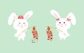 Happy new year cute rabbit couple hold firecracker firework rod. Paint brush flat style illustration vector