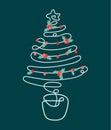 Christmas tree continuous one line drawing decorate with holly berries plant ornaments. Vector illustration. Royalty Free Stock Photo