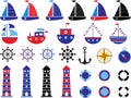 Isolated sailing boats, beacons, anchors and lifebuoy